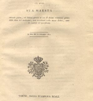 Reggio Editto col quale Sua Maestà concede piena, ed intima grazia ai rei di delitti commessi prima della data del medesimo, non eccettuati nello stesso editto, sotto le cautele ivi specificate... 30 settembre 1821.