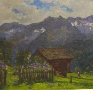 Paesaggio di montagna con steccato, baita e donna