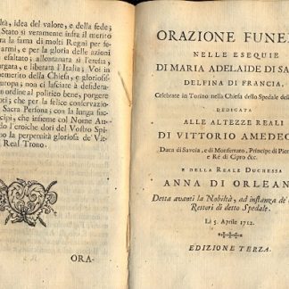 Raccolta delle Orazioni composte, e dette in Funzioni di pubblica Solennità, dedicate a Madama Reale Maria Giovanna Battista di Savoia.