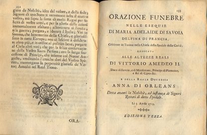 Raccolta delle Orazioni composte, e dette in Funzioni di pubblica Solennità, dedicate a Madama Reale Maria Giovanna Battista di Savoia.