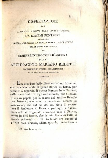 Dissertazione sui vantaggi recati alla civile società da' Romani Pontefici (Opuscolo da inserirsi nel fascicolo LIV delle Memorie di religione ecc.).