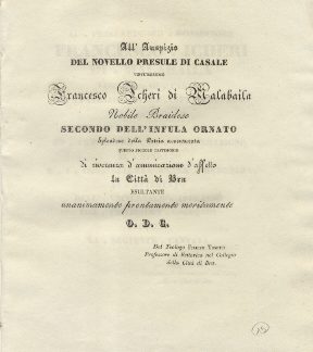 All'auspizio del novello presule di Casale virtuosissimo Francesco Icheri di Malabaila, Nobile Braidese secondo dell'Infula ornato..