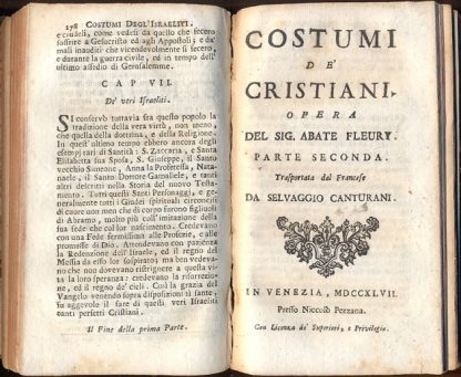 Costumi degl'israeliti e de' cristiani, ne' quali vedesi il modello di una semplice e sincera politica per lo governo degli stati e per la riforma de' costumi.Trasportata dal francese da Selvaggio Canturani.