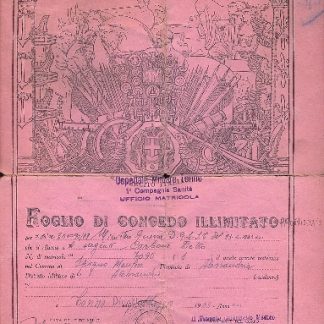 Foglio di congedo illimitato. Regio Esercito Italiano. Distretto M.re d'Alessandria.