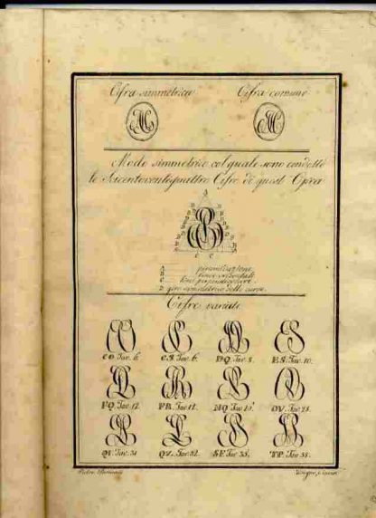 Monogrammoplocia. In ogni possibile aspetto alfabetico, con in fine due tavole di scudi civici e bellici. Disegnata e incisa da Pietro Pasinati e Paolo Perugini copiò.