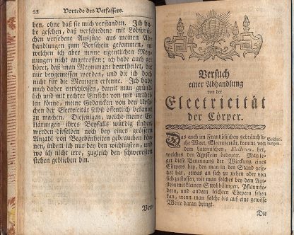 Vorrede des ubersetzers. Reiner Koniglichen Hoheit dem Dauphin. Vorrede des ubersetzers. Versuch einer Abhandlung von der electricitat der korper. Anhang einiger briese, so von dem herrn Abt Nollet, an den herrn Pater Andreas Gordon, uber die materie von der electricitat find abgelassen morden.