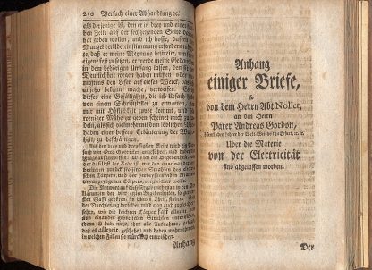 Vorrede des ubersetzers. Reiner Koniglichen Hoheit dem Dauphin. Vorrede des ubersetzers. Versuch einer Abhandlung von der electricitat der korper. Anhang einiger briese, so von dem herrn Abt Nollet, an den herrn Pater Andreas Gordon, uber die materie von der electricitat find abgelassen morden.