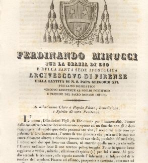 Ferdinando Minucci per la Grazia di Dio e della Santa Sede Apostolica Arcivescovo di Firenze della Santità di N. S. Papa Gregorio XVI.