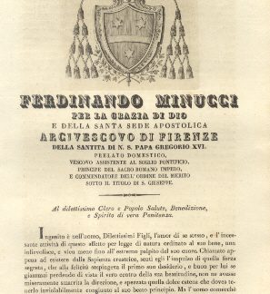 Ferdinando Minucci per la Grazia di Dio e della Santa Sede Apostolica Arcivescovo di Firenze della Santità di N. S. Papa Gregorio XVI.