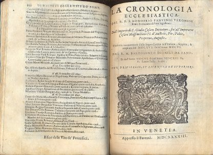 Delle Vite de' Sommi Pontefici, dal Salvator Nostro sino a Paolo II. Ampliato con le historie de' Papi Moderni da Sisto IV fino a Paolo V. Scritte dal P. F. Onofrio Panuinio veronese, da Antonio Cicarelli da Foligno e da D. Gio. Stringa venetiano. Con l'annotazioni del Panuinio e con la Cronologia Ecclesiastica dello stesso, ampliata da Bartolomeo Dionigi, da Lauro Testa. Oltre i nomi, cognomi e patrie di tutti gli Cardinali, raccolti per il sudetto Dionigi dall'opere del Panuinio, e da gli Atti della Cancelleria Apostolica; e l'Effigie di tutti gli Pontefici al naturale: e perfettionato in questa impressione con l'aggiunta delle vite di Gregorio XV e di Urbano VIII con un supplimento di venti anni alla cronologia di D. Francesco Tomasuccio venetiano. con tre fedeli e copiose tavole; una de' Papi, la seconda de' Cardinali, e la terza delle Cose Notabili.