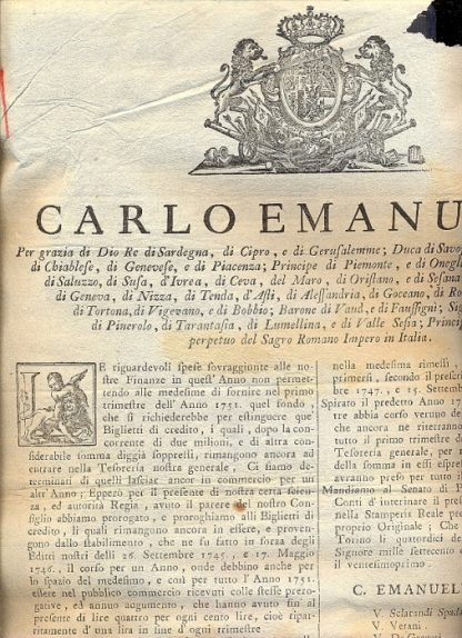 Regio Editto di Carlo Emanuele circa l'estinzione di alcuni Biglietti di Credito...Torino 14 agosto 1750.