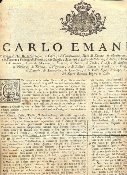 Regio Editto di Carlo Emanuele riguardanti disposizioni per il miglioramento delle Finanze..Torino 8 febbraio 1751.