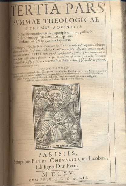 S. Thomae Aquinatis Summa totius theologiae, in qua quicquid in universis Bibliis continetur obscuri, quicquid in veterum patrum (ab ipso nascentis Ecclesia initio) monumentis est doctrinae notabilis; quicquid denique vel olim vocatum est, vel hodie vocatur ab haereticis in controversiam, id totum, vel certe maxima ex parte, ut erudite e pie , ita fideliter atque dilucide, per quastiones, e responsiones explicatur; in tres partes ab auctore suo distributa. Editio novissima, in qua praestitum quid sit, sequenti pagella indicatur.