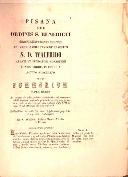 Pisana seu ordinis S. Benedicti Confirmationis Cultus ab immemorabili tempore praestiti S.D. Walfrido Abbati et Fundatori Monasterii Montis Viridis in Etruria. Sancto Nuncupato. Summarium Super Dubio.