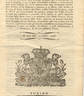 Regio Editto con cui S.M. dichiara esposti in vendita li beni delle Commende dell'Ordine Militare de'SS.Maurizio e Lazzaro...13 ottobre 1798.
