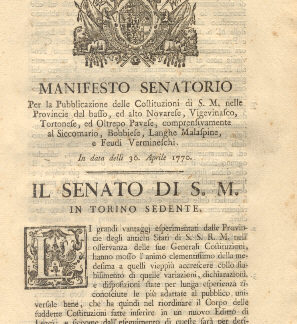 Manifesto Senatorio riguardo la Pubblicazione delle Generali Costituzioni...30 aprile 1770.