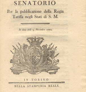 Manifesto Senatorio per la pubblicazione della Regia Tariffa negli Stati di S.M. 9 novembre 1770