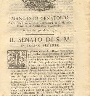 Manifesto Senatorio riguardo la Pubblicazione delle Costituzioni di S.M....30 aprile 1770.