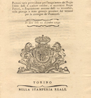 Regie Patenti circa provvidenze per le consegne dei possessori..... 22 dicembre 1797.