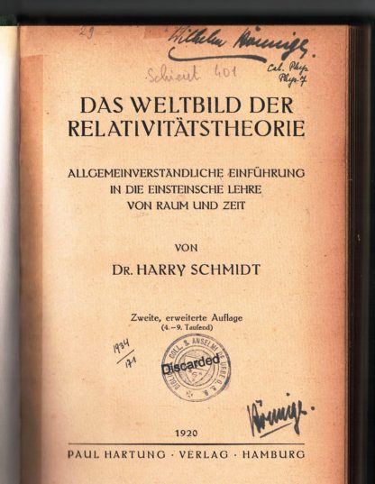 Das Weltbild der Relativitätstheorie. Allgemeinverständliche Einführung in die Einsteinsche Lehre von Raum und Zeit