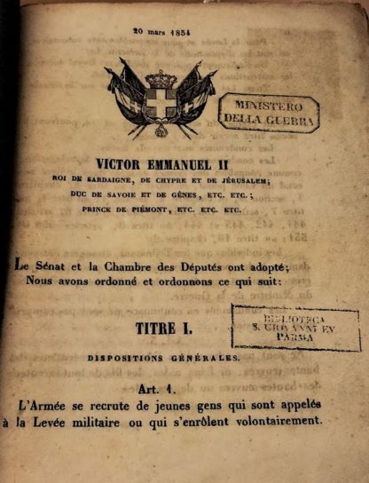 Reglement pour l'execution de la loi sur le recrutement militaire approuvé avec decret royal du 31 mars 1855. Tableau des infirmites et des imperfections physiques qui donnent lieu a la reforme des inscrits et des soldats, redige par le Conseil Superieur Militaire de Santé d'apres ordre ministeriel.