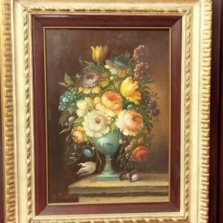 DIPINTO NATURA MORTA ,FIORI CON VASO SU TAVOLINO.