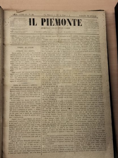 Il Piemonte. Giornale degli Stati Sardi. Il giornale si pubblica tutti i giorni meno quelli che succedono ai festivi.