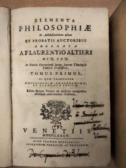 Elementa philosophiae in adolentium usum probatis auctoribus. In quo traduntur philosophiae prolegomena et elementa logicae. Editio quinta veneta ab auctore recognita, novisque additionibus illustrata.