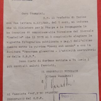 Lettera di Comunicazione di complimenti da Mussolini per Pino Stampini.